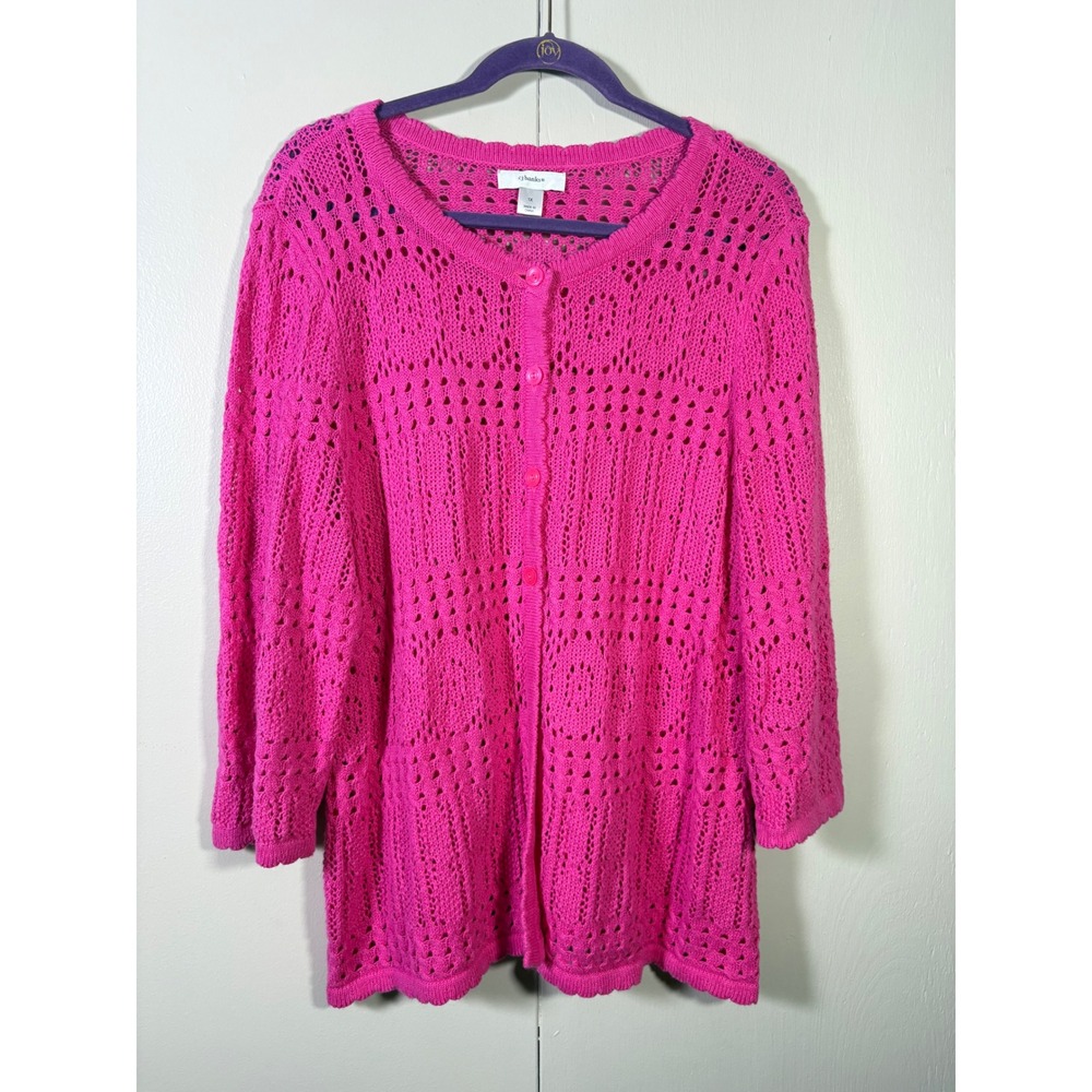 Cj Banks Hot Pink Open Knit Button Front Cardigan Sweater 1X Coastal Boho layer